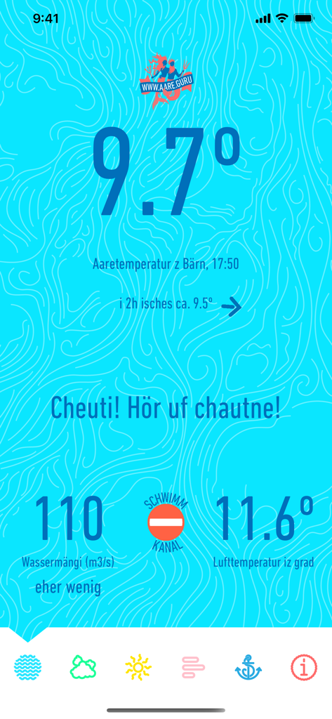 Aare Guru - Interface of the Aare Guru app showing real-time water temperature and flow rate for the Aare river in Bern