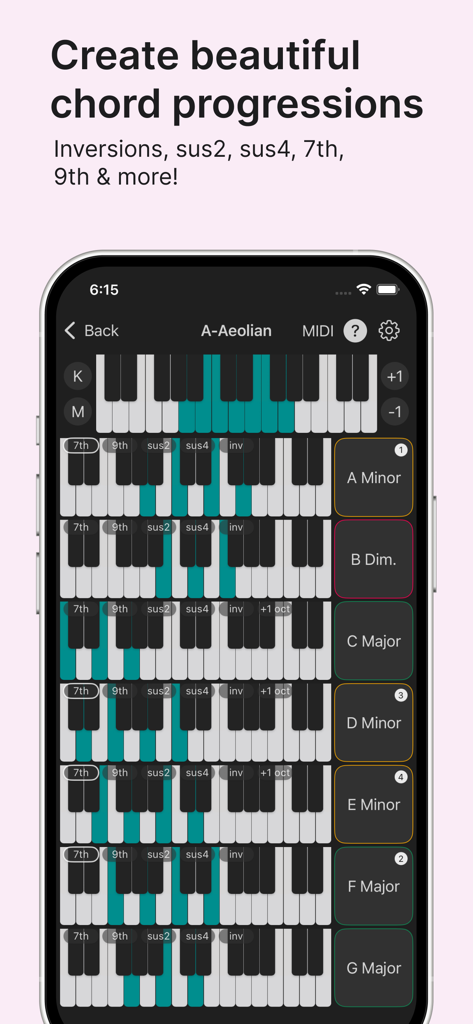 Chord - A mobile interface of the Chord app showing multiple piano keyboards representing a sequence of musical chords in a progression