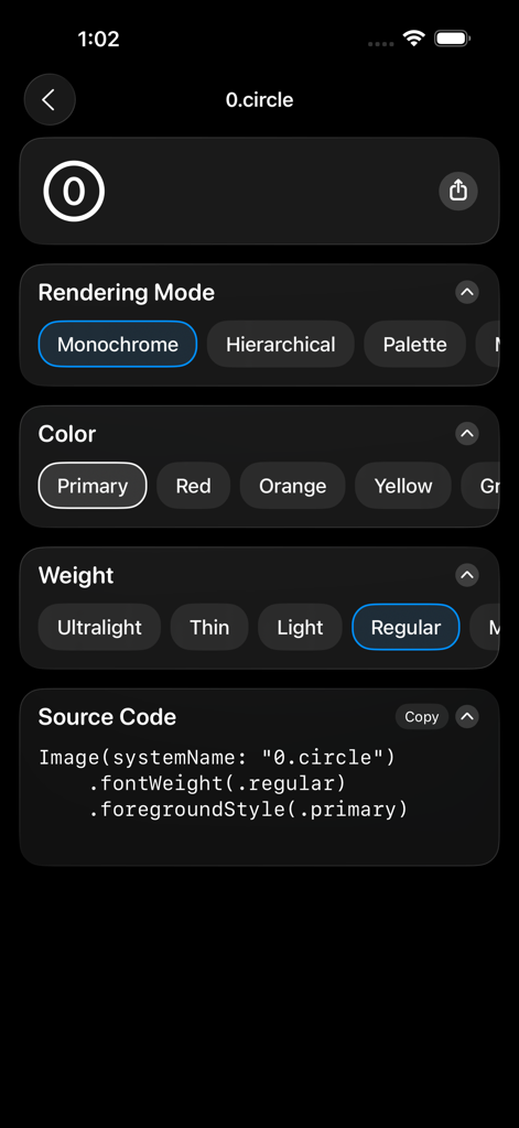 SFToolkit: SF Symbols Browser - SFToolkit App-Oberfläche, die die Anpassungsoptionen für ein SF Symbol und den automatisch generierten SwiftUI-Quellcode zeigt