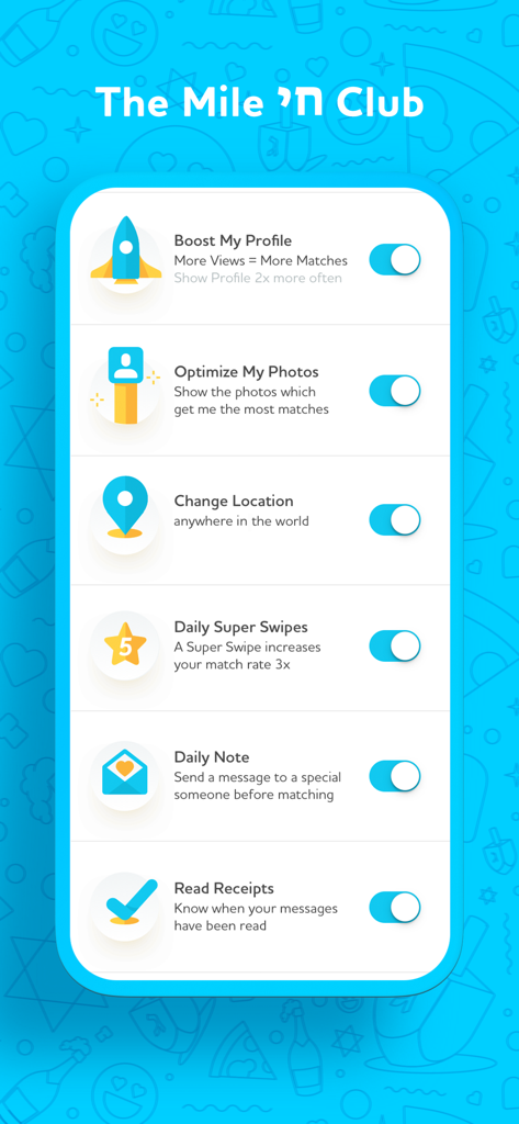 JSwipe - #1 Jewish Dating App - JSwipe app screen showing premium membership features in the Mile Chai Club including profile boost and location change