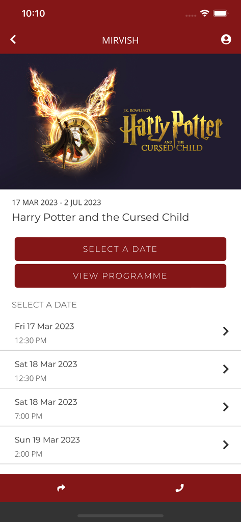 Mirvishアプリのインターフェースに、ハリー・ポッターと呪われた子供の公演日と予約オプションが表示される
