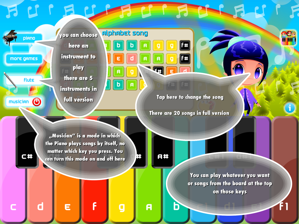 Cute Piano Lite play and learn - Interfaz de la aplicación Cute Piano Lite que muestra un teclado colorido y un tablero de canciones