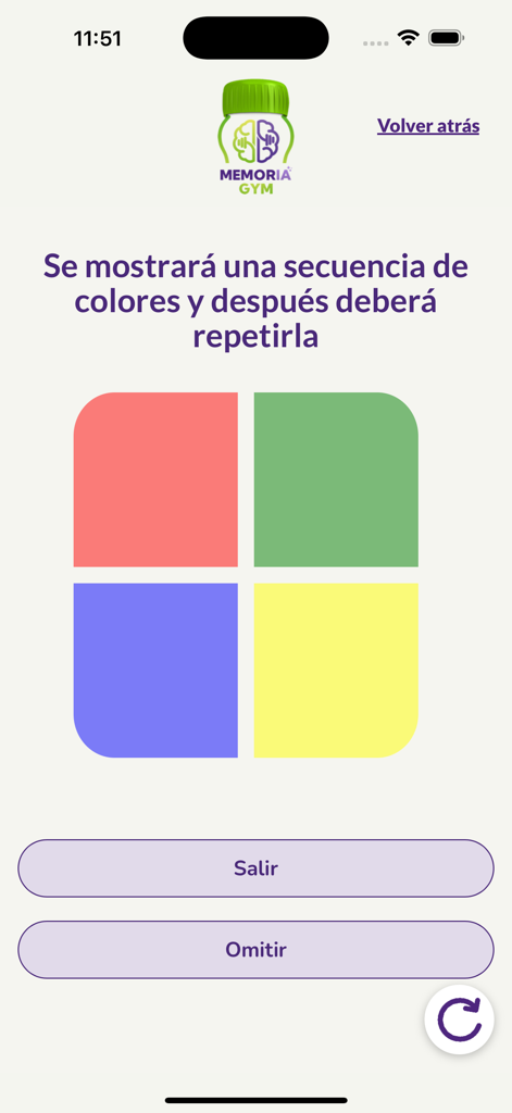 MemorIA GYM - Cognitive training game with red green blue and yellow squares for memory pattern repetition on MemorIA GYM