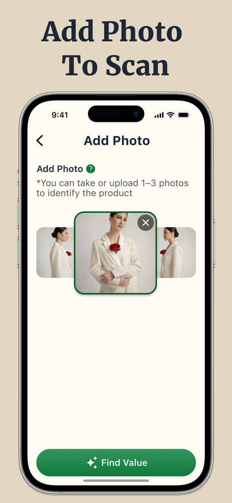 Thrift AI Profit Identifier - A mobile screen showing the add photo interface to scan items for resale value.