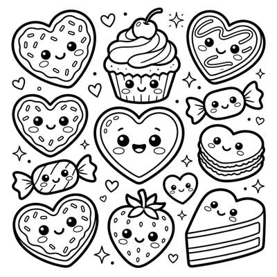 Dive into a world of cuteness with this delightful coloring page featuring an array of Kawaii heart-shaped foods. From smiling cookies to happy cupcakes, each treat is bursting with charm and ready for your creative touch.