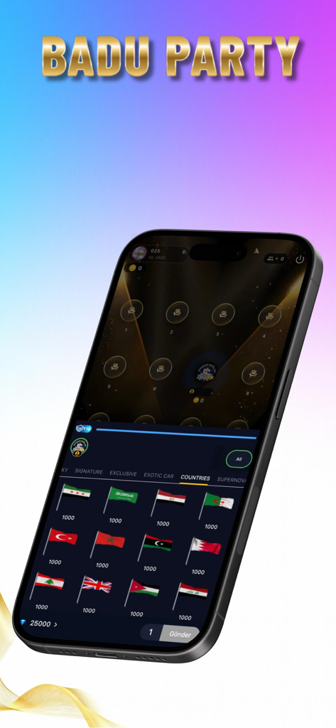 Badu - Live Stream, Go Live - Badu app interface showing a live voice chat room and virtual gifting options