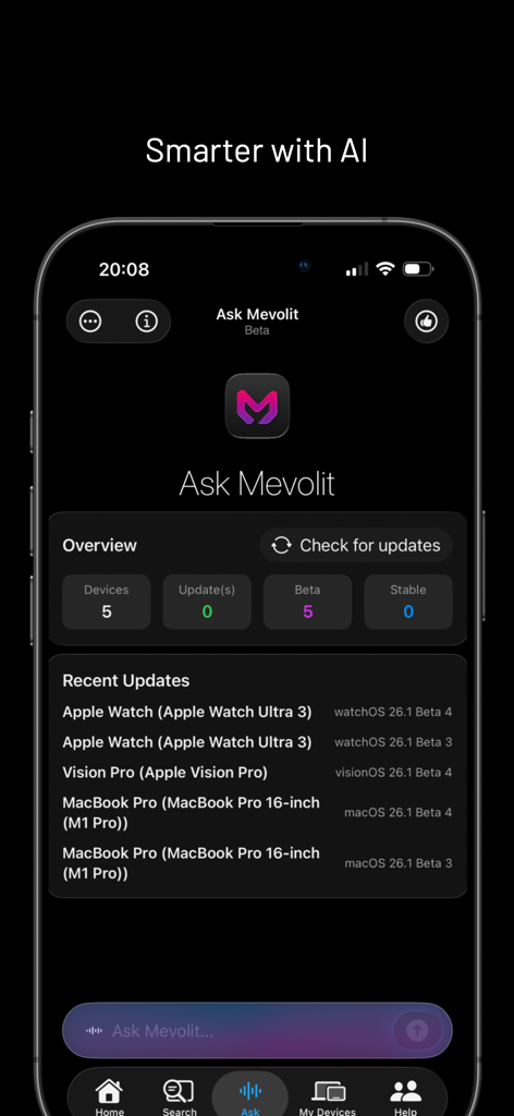 Mevolit - Device Updates - Mevolit app interface showing AI powered device update tracking and recent software releases