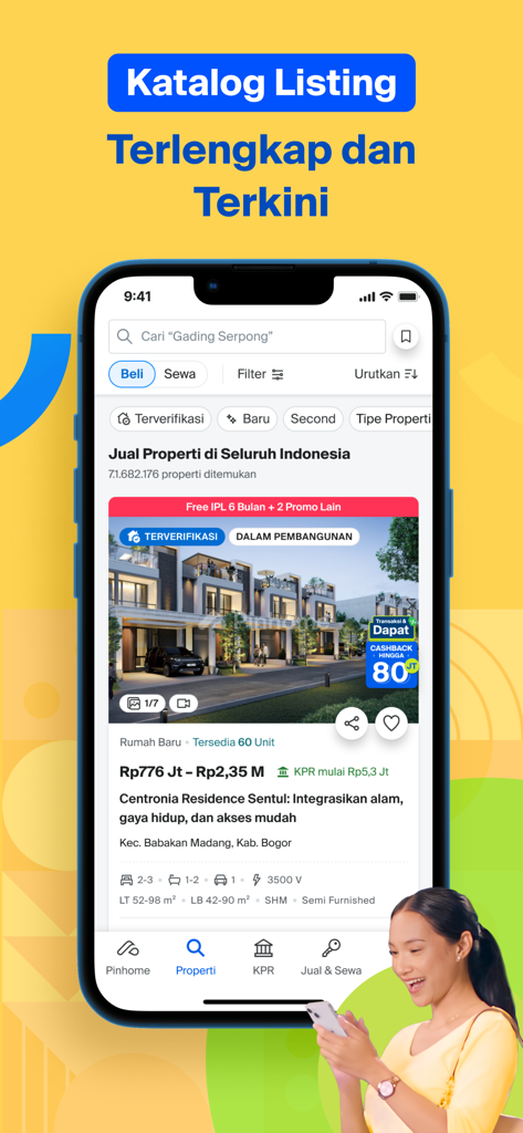 Pantalla del teléfono inteligente que muestra la interfaz de búsqueda de propiedades de la aplicación Pinhome con listados de bienes raíces en Indonesia.