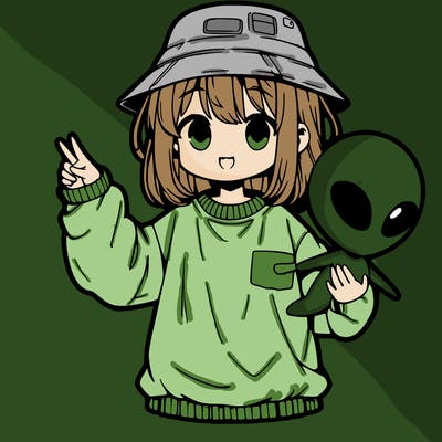 anime girl, an oversized, alien sweater, and bucket hat, holding a alien head