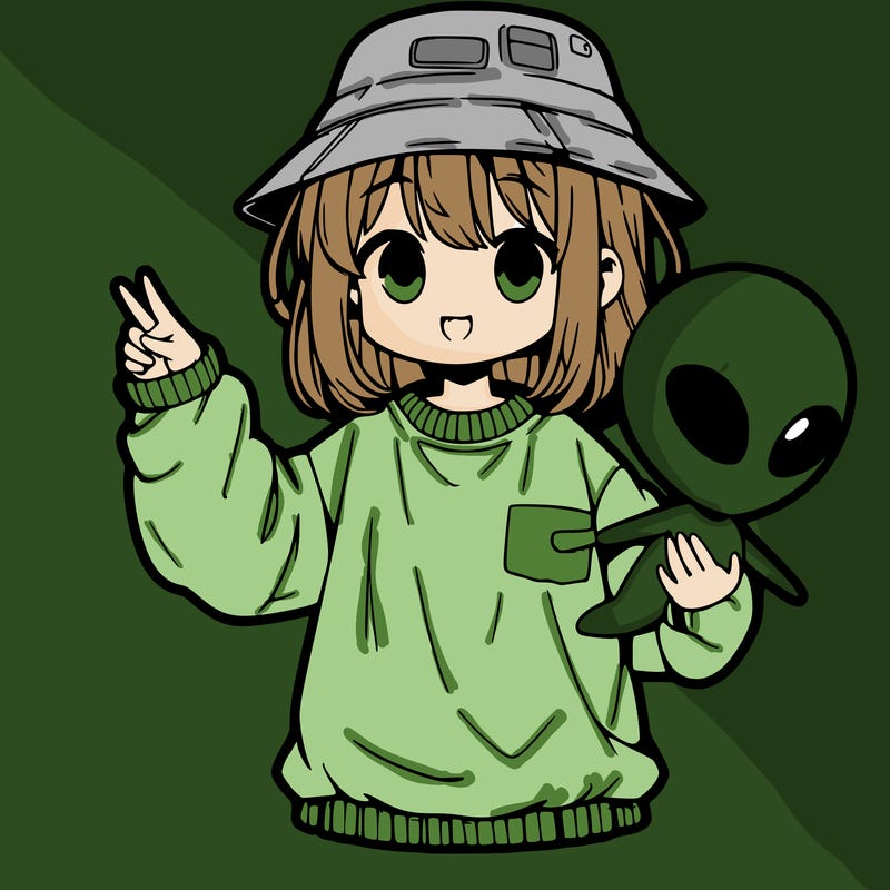 anime girl, an oversized, alien sweater, and bucket hat, holding a alien head
