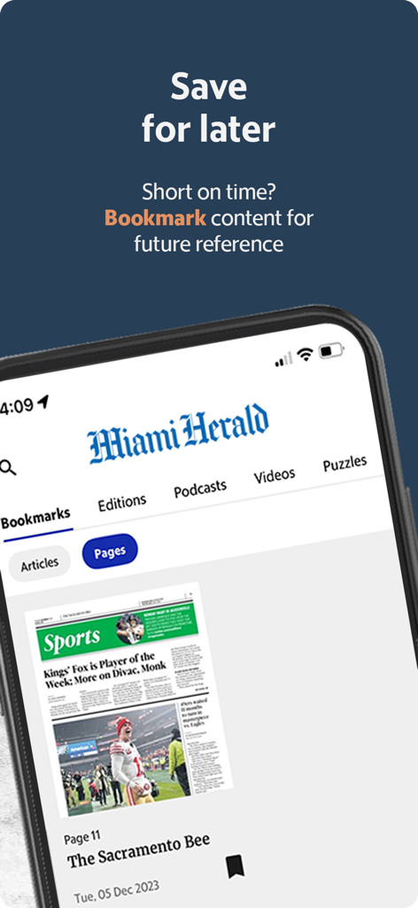 Pantalla de la aplicación Miami Herald mostrando la función de marcadores para guardar artículos de noticias para más tarde