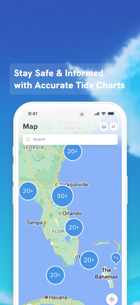 NOAA Tide Chart & Forecast - Vista de mapa de la aplicación NOAA Tide Chart que muestra grupos de estaciones de mareas costeras alrededor de Florida y el Caribe