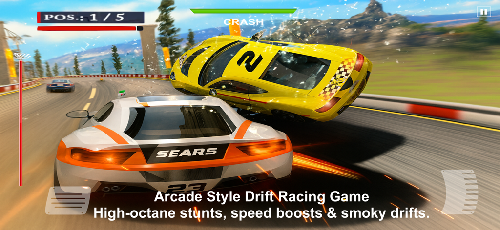 Racing Outlaws - Drag Car Race - A yellow racing car performs a high-speed stunt and flips over a rival car on a track.