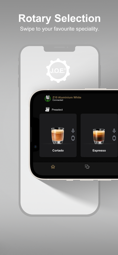 JOE app interface showing rotary selection of coffee specialties including Cortado and Espresso
