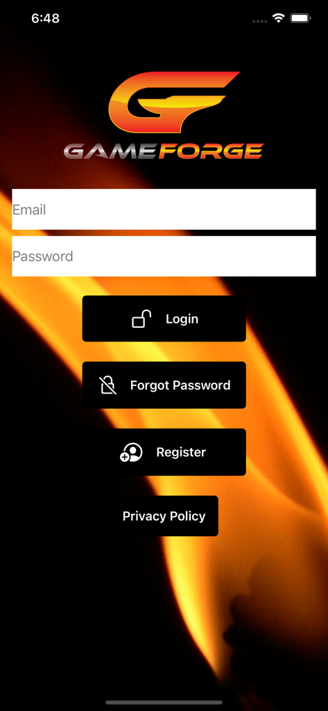 GameForge - GameForge app login screen with email and password entry for golf statistics tracking
