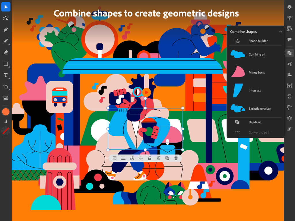 Adobe Illustrator: Graphic Art - Adobe Illustrator for iPad interface showing a colorful geometric illustration and the Combine Shapes menu.