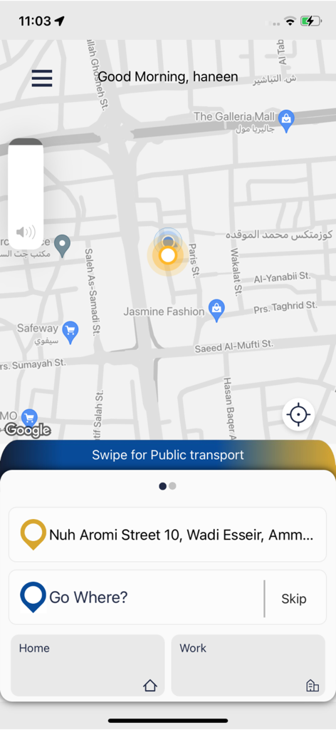 Application mobile Sayr by RAKTA montrant une interface cartographique avec recherche de destination et raccourcis de transport