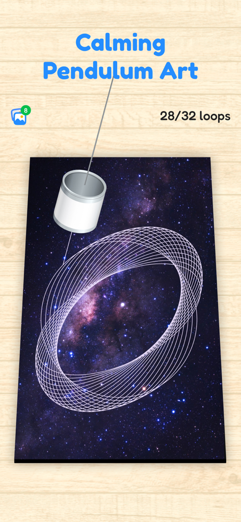Spiral Art: Relax & Create - Un patrón de espiral geométrico blanco creado por un péndulo virtual sobre un fondo de galaxia estrellada