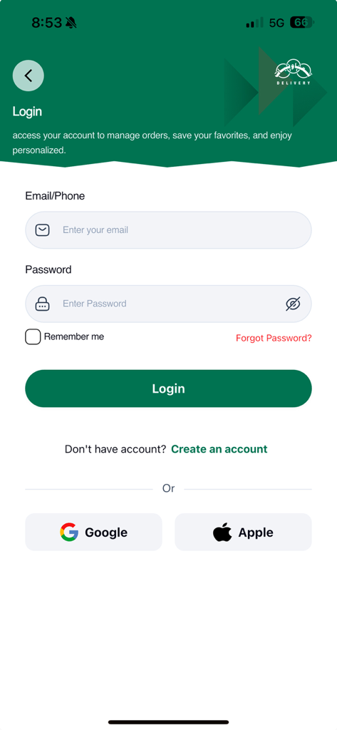 Coop's Delivery - Pantalla de inicio de sesión de la aplicación Coop's Delivery que muestra los campos de correo electrónico y contraseña con opciones para iniciar sesión a través de Google o Apple.