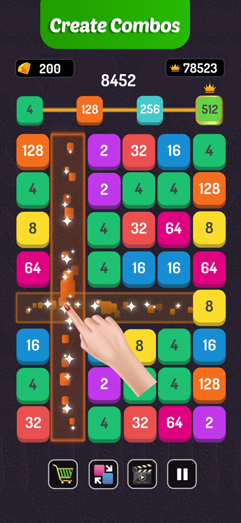 Number Blast - Puzzle Game - Una mano seleccionando coloridos bloques numerados para crear un combo en el juego de rompecabezas Number Blast.