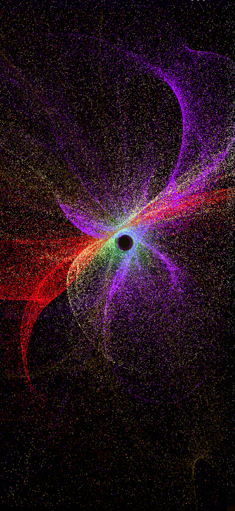 Una vibrante simulación de fluidos con partículas púrpuras, rojas y amarillas arremolinándose alrededor de un punto central sobre un fondo negro