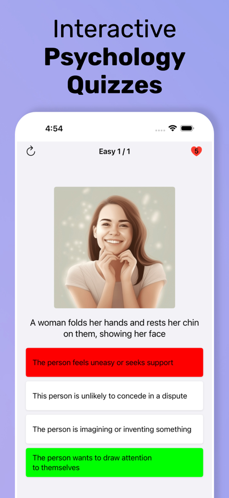 Una pantalla interactiva de cuestionario de psicología que muestra una pregunta de interpretación del lenguaje corporal con respuestas de opción múltiple.
