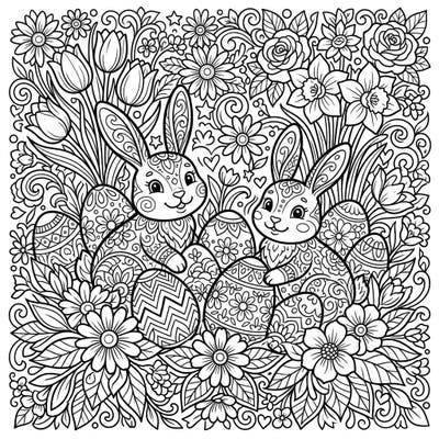 Celebrate Easter with this beautifully intricate line art coloring page, showcasing two charming bunnies nestled amidst an abundance of decorated eggs and blooming spring flowers. This detailed design offers a delightful challenge for colorists of all ages, perfect for a relaxing and creative holiday activity.