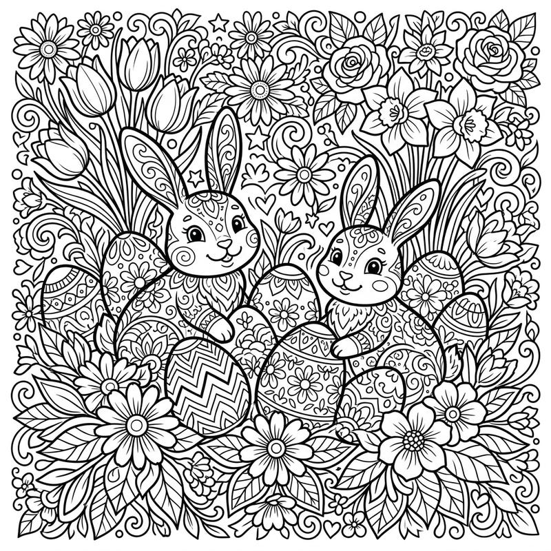 Celebrate Easter with this beautifully intricate line art coloring page, showcasing two charming bunnies nestled amidst an abundance of decorated eggs and blooming spring flowers. This detailed design offers a delightful challenge for colorists of all ages, perfect for a relaxing and creative holiday activity.