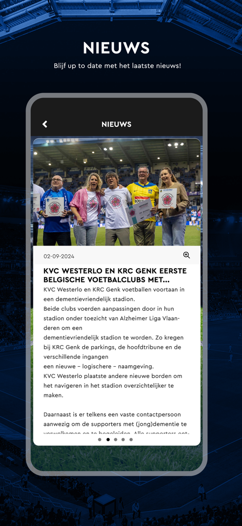 A news article within the KVC Westerlo official app showing updates about the football club