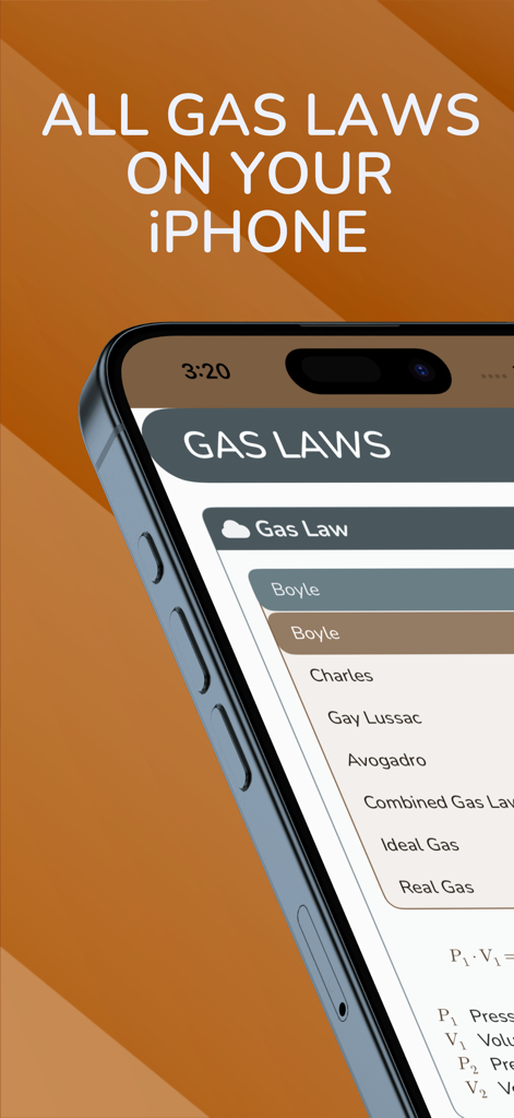 Gas Laws by CA - Lista de leyes de los gases, incluidas las leyes de Boyle y Charles, en la interfaz de la aplicación Leyes de los Gases de CA