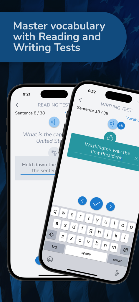 Citizen Now: US Citizenship - Screenshot of reading and writing vocabulary tests for US citizenship interview preparation