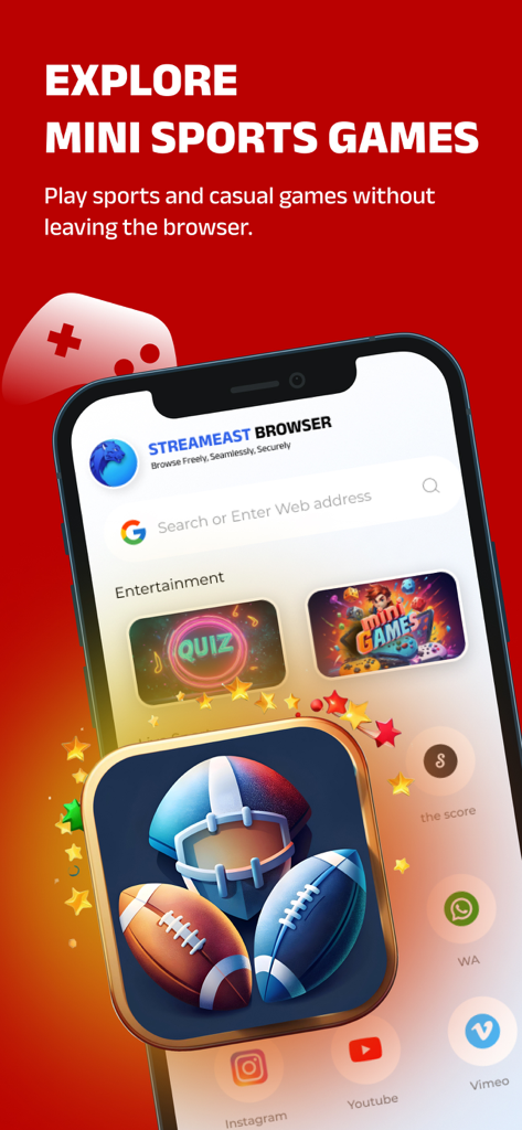 Streameast Browser - Pantalla de smartphone mostrando minijuegos deportivos y cuestionarios dentro de la aplicación Streameast Browser.