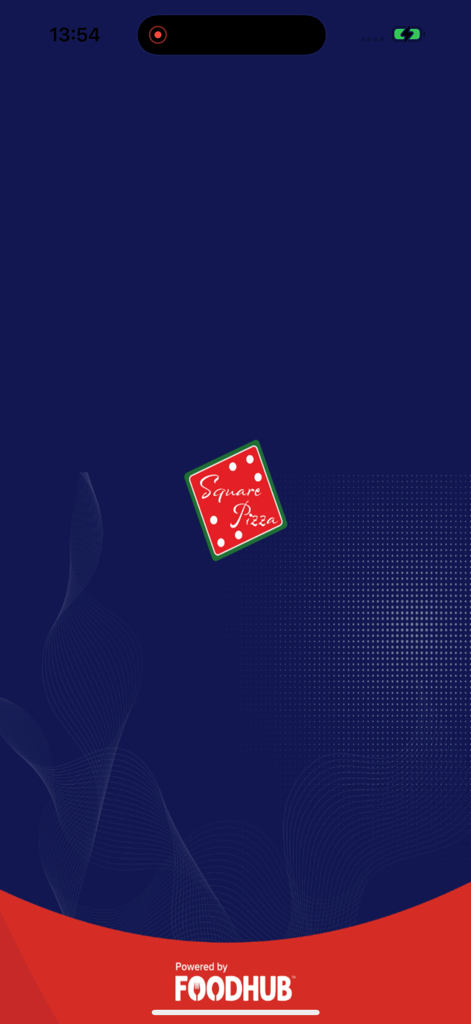 Square Pizza Leeds app splash screen featuring the restaurant logo and Foodhub branding