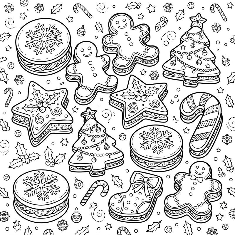 Dive into the holiday spirit with this delightful Christmas Sandwich Cookies coloring page, featuring an array of festive treats. Perfect for adding a touch of sweetness and cheer to your coloring adventures this season.