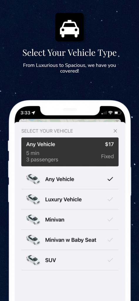 Aeroport Taxi & Limo Service - Interface of Aeroport Taxi and Limo app displaying options to select vehicle types like Luxury Vehicle, Minivan, and SUV with fixed rates.