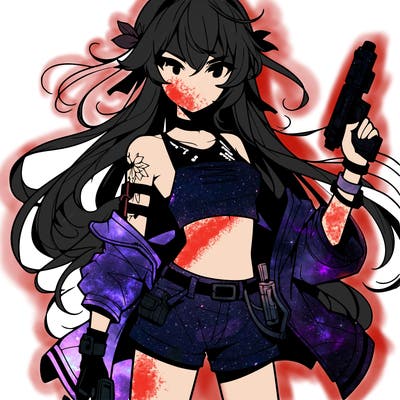 bad girl wearing crop top holding a gun long hair anime