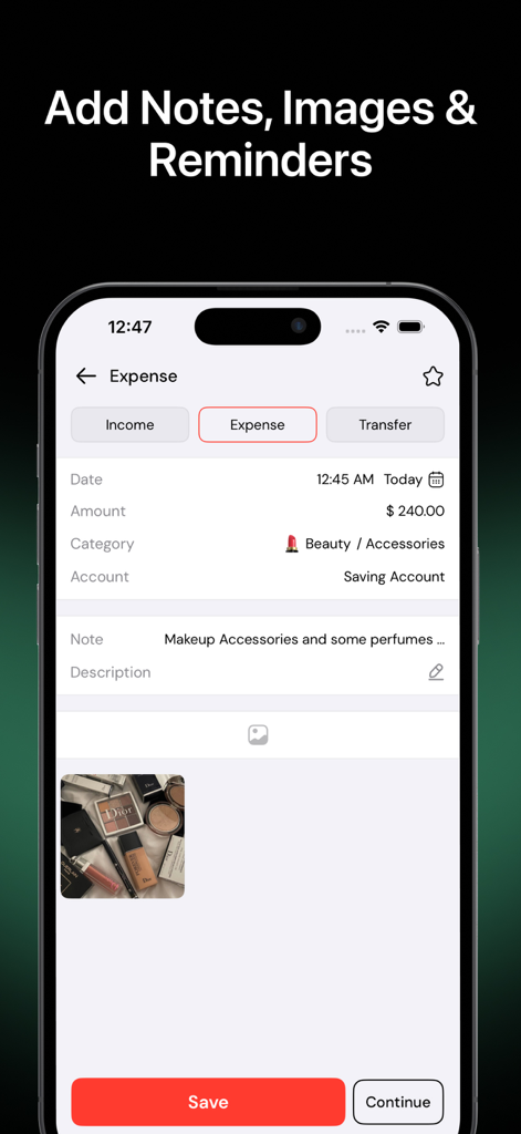 Pantalla de la aplicación Money Manager para entrada manual de gastos con selección de categoría de belleza y una foto adjunta de maquillaje