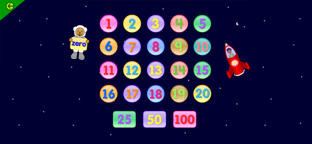 Educational math screen from Starfall showing numbers on a space themed background