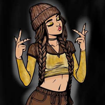 realistic teenage girl with braids and a beanie and crop top doing 🫶🏼