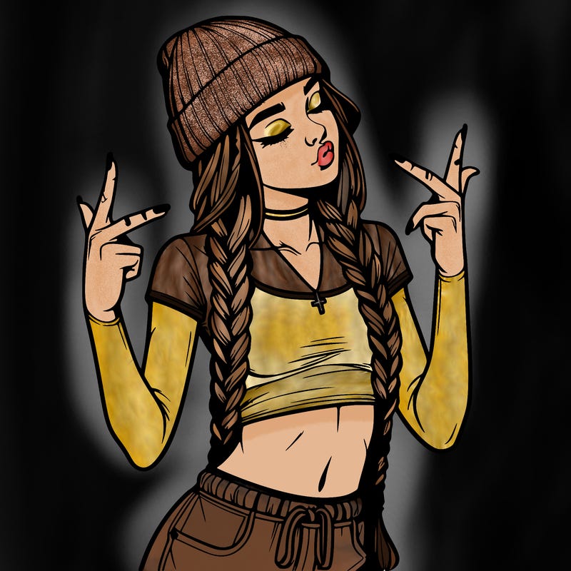 realistic teenage girl with braids and a beanie and crop top doing 🫶🏼