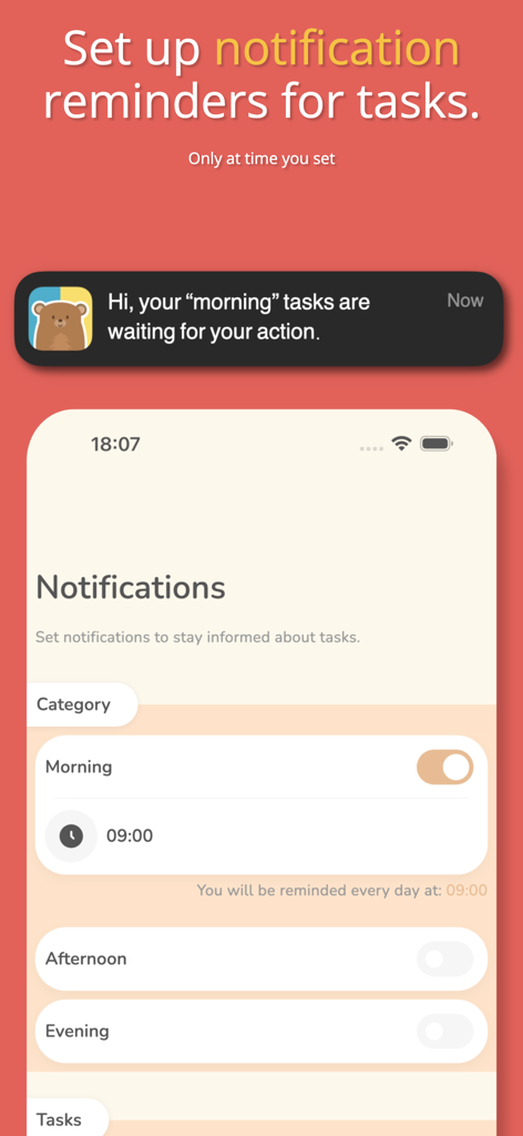 Family Rewards: Chore Chart - A screenshot of the Family Rewards app showing notification settings to set up morning afternoon and evening chore reminders