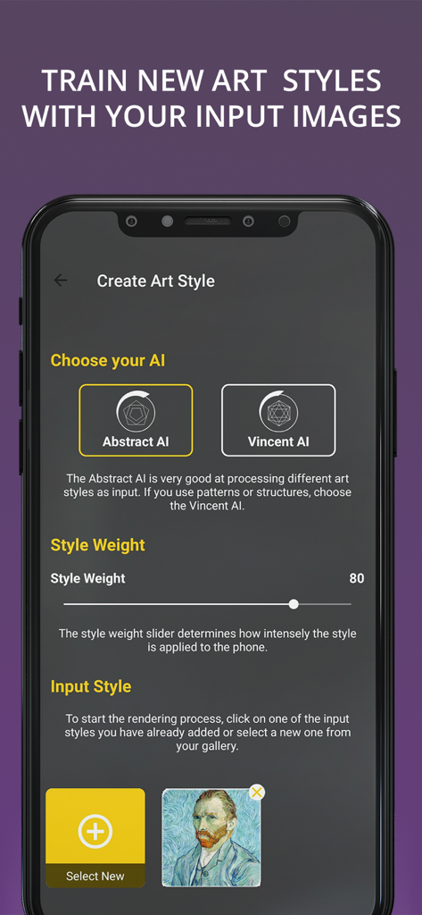 Interface for training and creating custom AI art styles with adjustable style weight settings