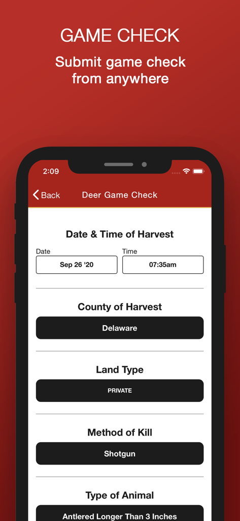 HuntFish OH mobile app screen showing a deer game check form to report harvest details like date, county, and land type.