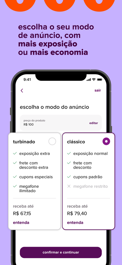 L'interface de l'application Enjoei affiche la possibilité de choisir entre les modes d'annonce turbinado et classique pour la vente d'articles.