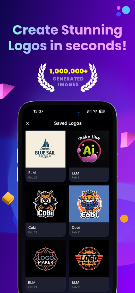 Easy Logo Maker Ai - Ein Smartphone-Bildschirm, der eine Sammlung von KI-generierten Logos in verschiedenen Stilen wie Maskottchen und minimalistischen Symbolen anzeigt.