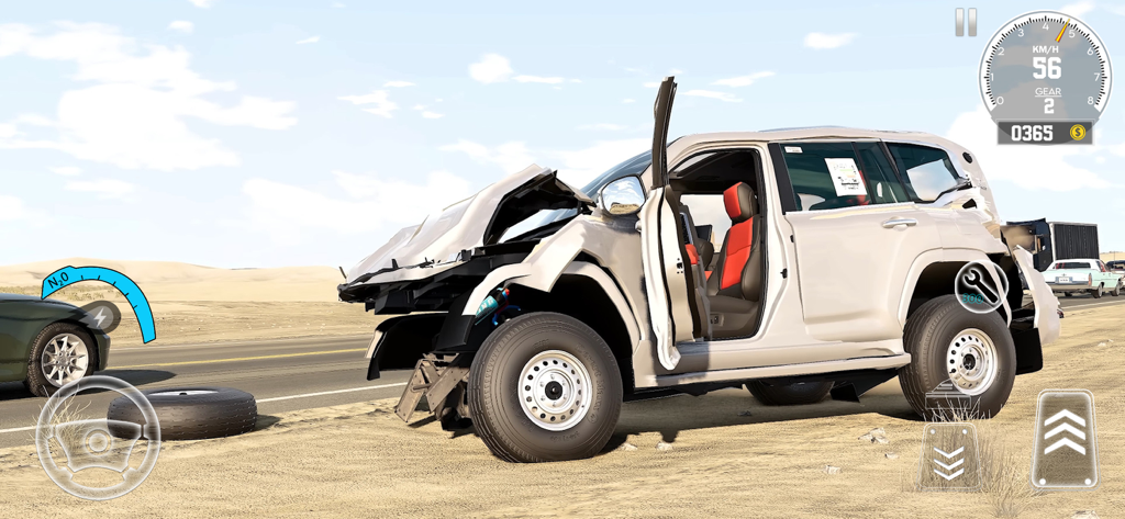 Real Car Crash Game Simulator - A mangled white SUV showing realistic crash damage and physics in a car simulator game.