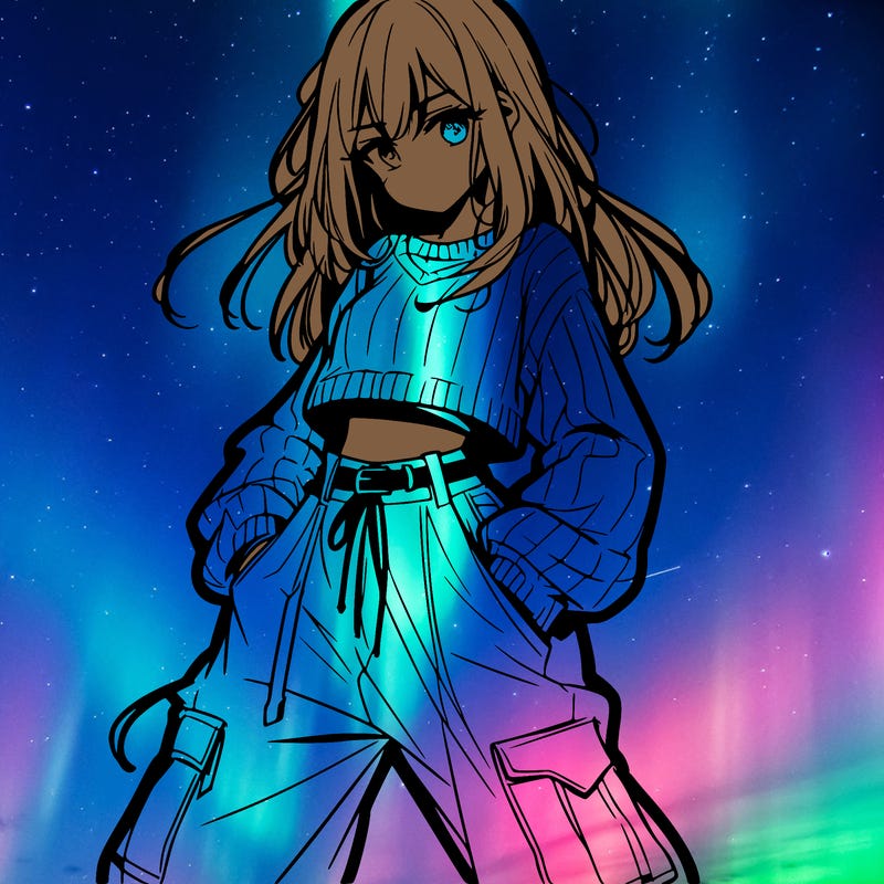 anime teen girl with baggy pants and crop top with sweater