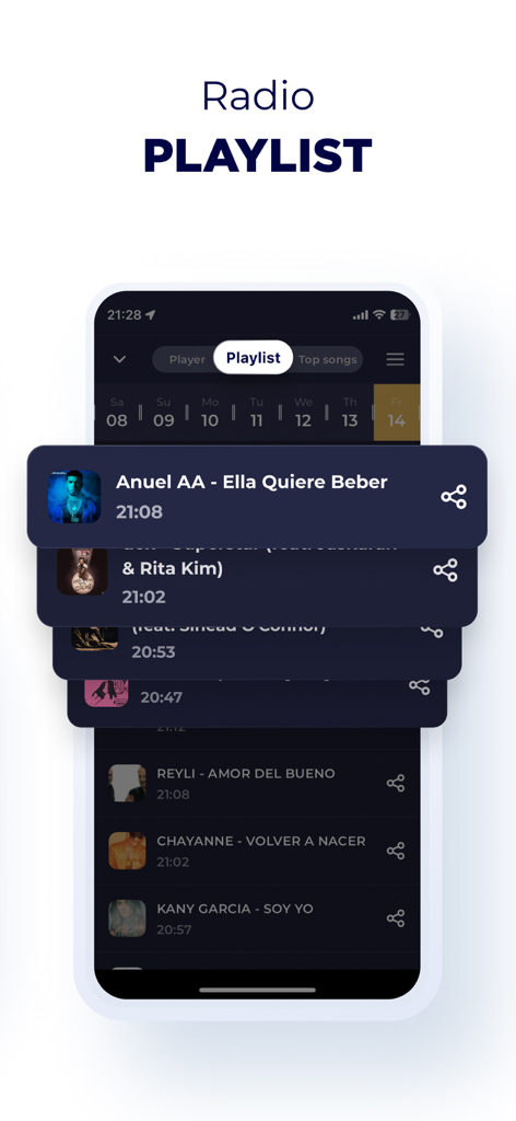 Radio Costa Rica app playlist screen showing a list of recently played songs and artists