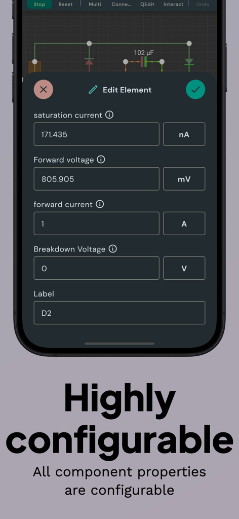 VoltSim - circuit simulator - Interface do aplicativo VoltSim mostrando propriedades elétricas ajustáveis como corrente de saturação e tensão direta para um componente de circuito