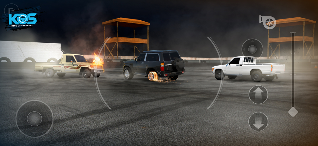 Three cars performing drifting stunts with fire effects in the King Of Steering Hajwala game